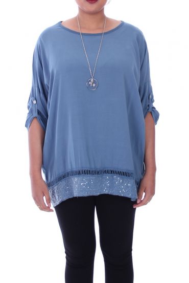 LARGE SIZE TUNIC SEQUINS + NECKLACE 1010 BLUE