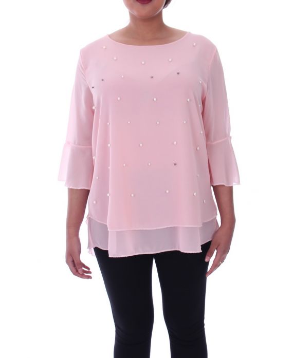 GROßE GRÖßE BLUSE PERLEN 9053 ROSA