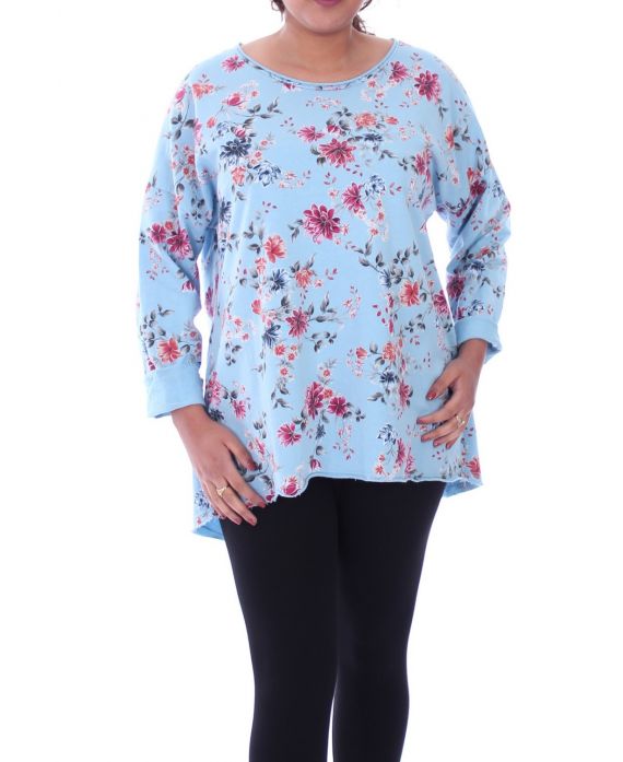 LARGE SIZE T-SHIRT PRINT FLOWERS 6069 BLUE