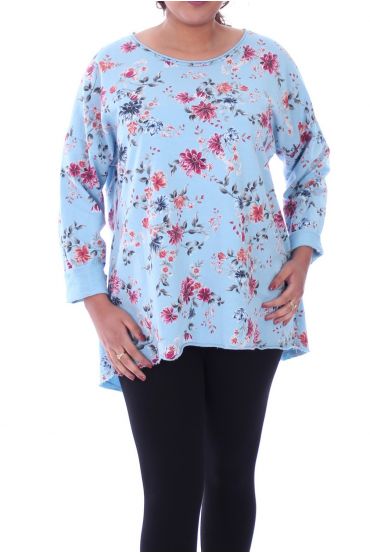 LARGE SIZE T-SHIRT PRINT FLOWERS 6069 BLUE