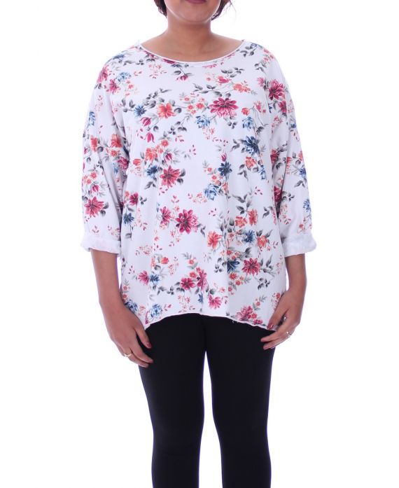 LARGE SIZE T-SHIRT PRINT FLOWERS 6069 WHITE