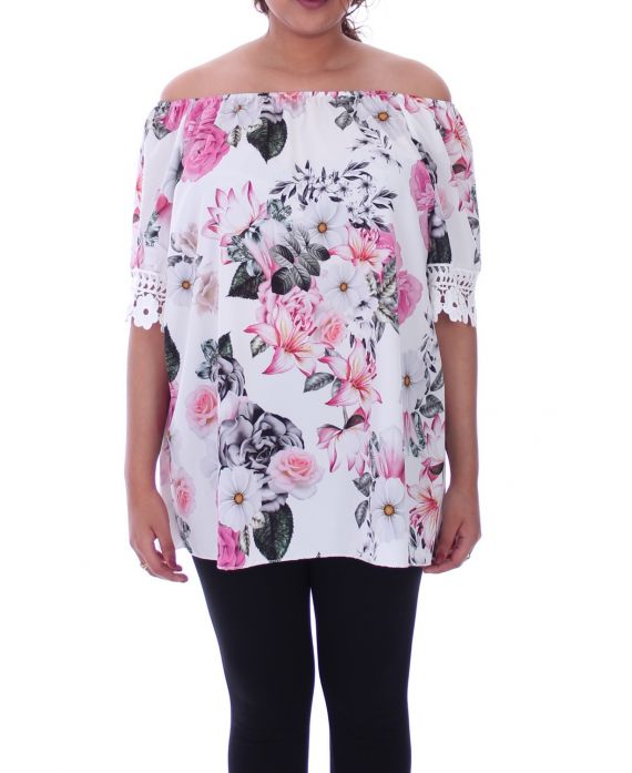 GRANDE TAILLE TOP FLEURI 9091 BLANC