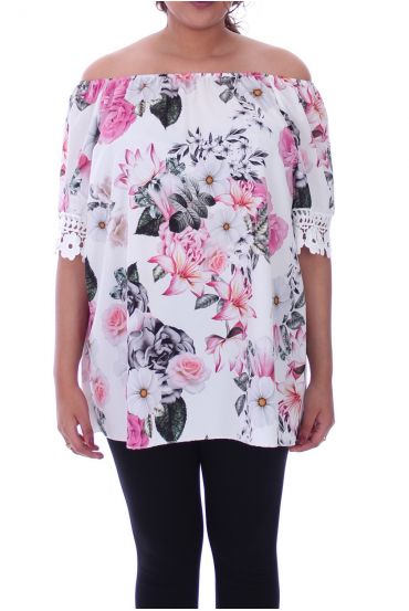 GRANDE TAILLE TOP FLEURI 9091 BLANC