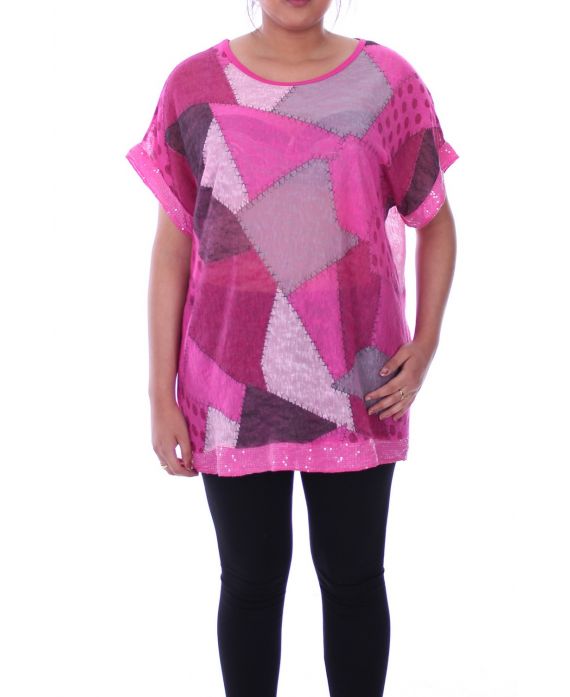 DI GRANDI DIMENSIONI T-SHIRT PAILLETE 9100 FUSHIA