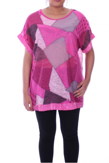 DI GRANDI DIMENSIONI T-SHIRT PAILLETE 9100 FUSHIA