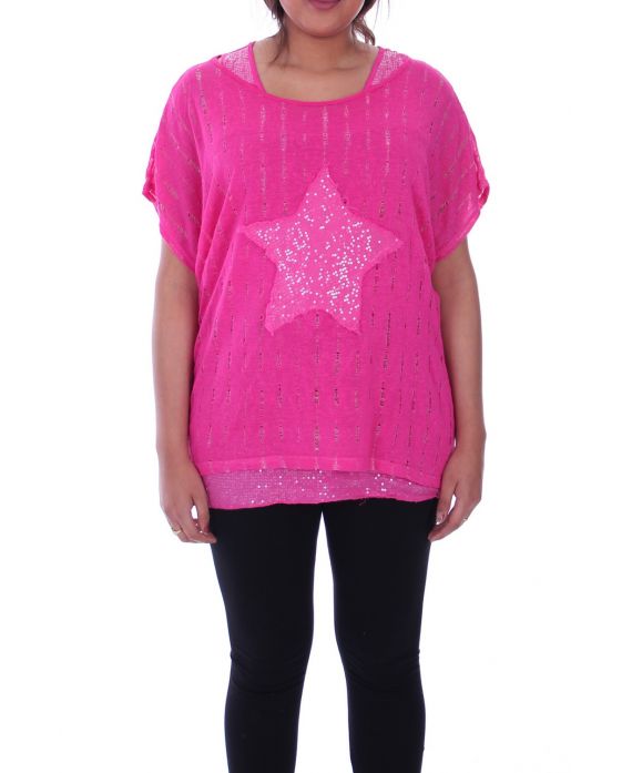 LARGE SIZE T-SHIRT 2 PIECES SEQUINS BAND 9105 FUSHIA