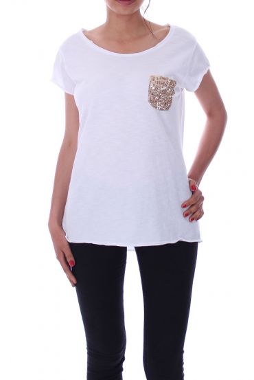 T-BOLSILLO DE LA CAMISA DE LENTEJUELAS 9148 BLANCO