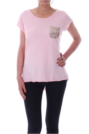 T-BOLSILLO DE LA CAMISA DE LENTEJUELAS ROSA 9148