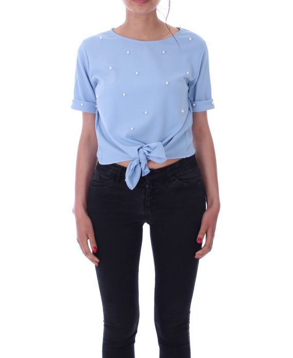 TOP CON PERLINE CRAVATTA 9140 BLU