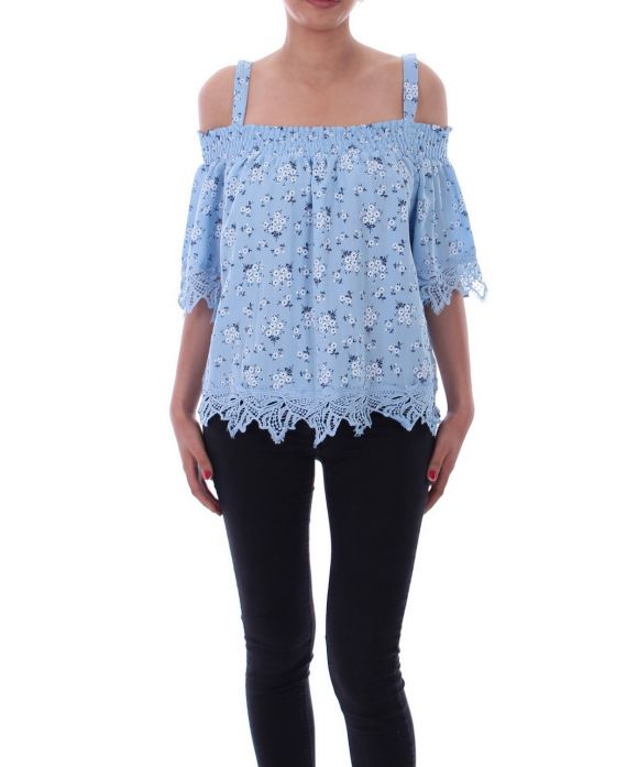 DE TOP HEEFT BLOEMEN EN KANT 9145 BLAUW