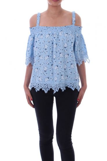 TOP A FLEURS ET DENTELLE 9145 BLEU