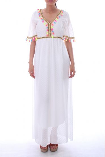 LONG DRESS HAS POM-POMS 0052 BLANC - BOHEME