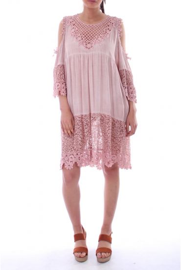 ROBE EMPIECEMENT DENTELLE PERLES 0035 ROSE - BOHEME