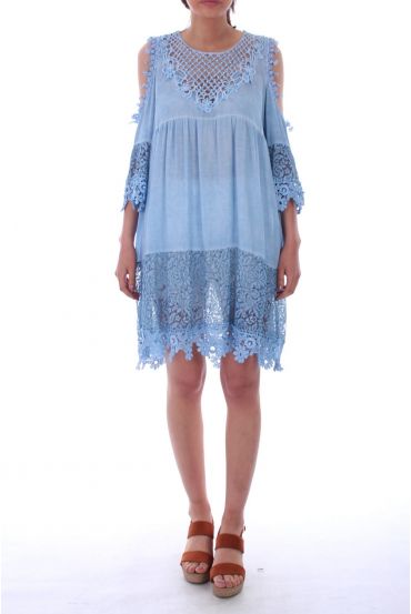 DRESS EMPIECEMENT LACE PEARLS 0035 BLEU - BOHEME