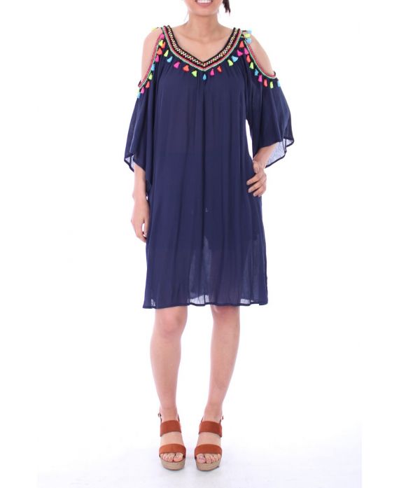 DRESS HAS POM-POMS 0034 NAVY BLUE - BOHEME