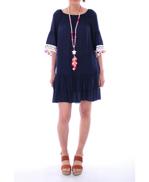 DRESS HAS POM-POMS 0055 NAVY BLUE - BOHEME