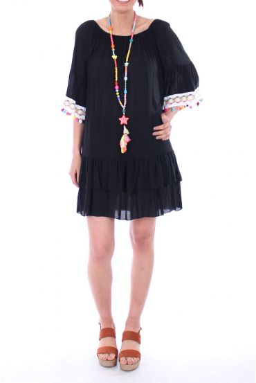 VESTIDO TIENE POM-POMS 0055 NOIR - BOHEME