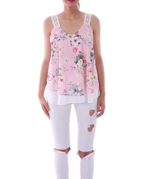 TOP MIT SPITZEN UND BLUMEN 0086 PINK