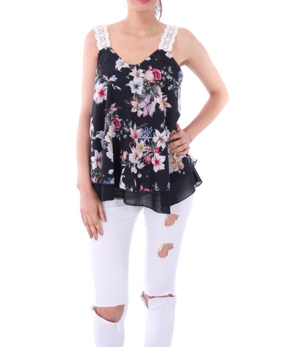 TOP MIT SPITZEN UND BLUMEN 0086 SCHWARZ