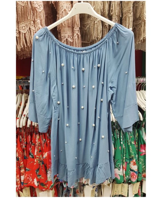 TUNIC BEADED NECKLINE ELASTIQUEE 9134 BLUE