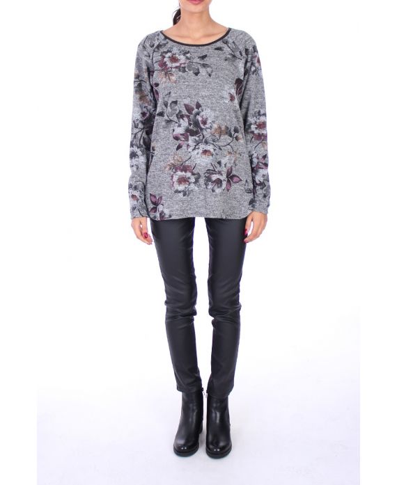 PULL IMPRIME FLEURS 0230 GRIS FONCE