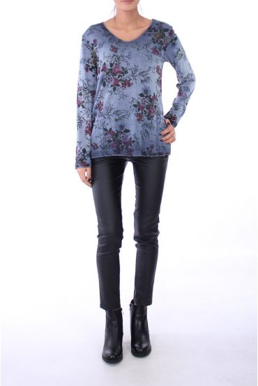 T-SHIRT FLORAL DETAIL-SILVER 0278 BLUE