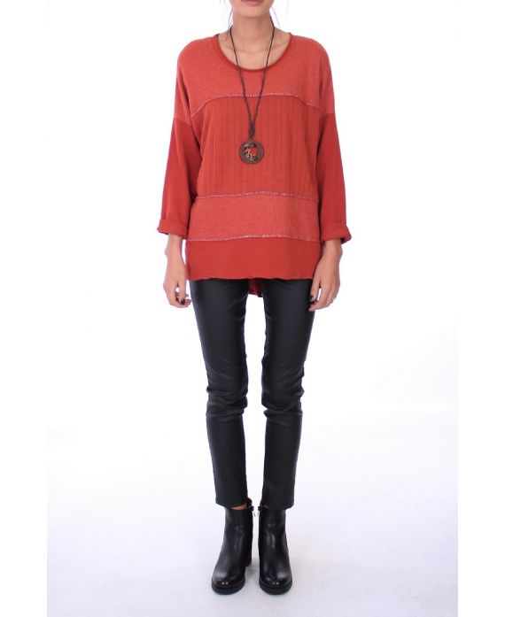 PULL MIX MATIERES + COLLIER 0281 BRIQUE