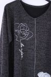 LARGE SIZE SWEATER FLOWERS RHINESTONE 0349 BLACK