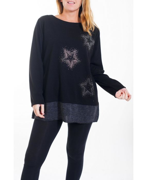 LARGE SIZE SWEATER STAR RHINESTONE 0366 BLACK