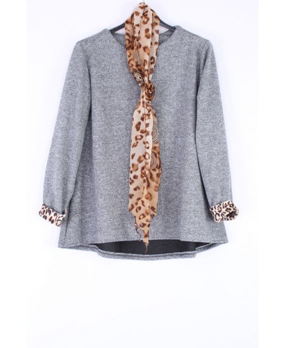 GRANDE TAILLE PULL + FOULARD LEOPARD 0401 GRIS