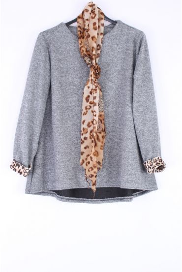 GRANDE TAILLE PULL + FOULARD LEOPARD 0401 GRIS