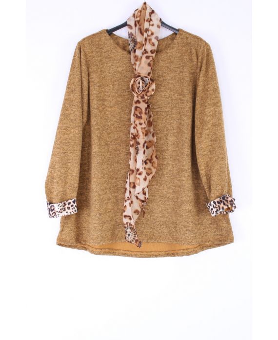 GRANDE TAILLE PULL + FOULARD LEOPARD 0401 MOUTARDE