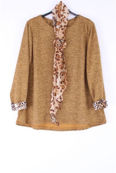 GRANDE TAILLE PULL + FOULARD LEOPARD 0401 MOUTARDE