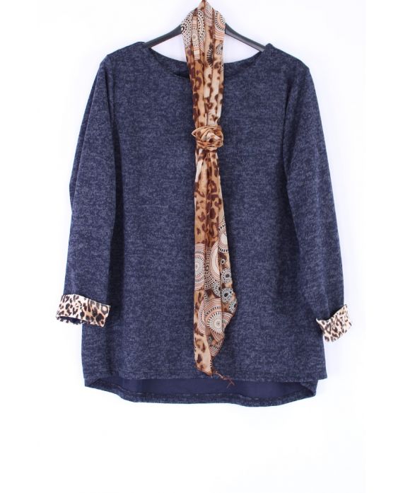 GRANDE TAILLE PULL + FOULARD LEOPARD 0401 BLEU