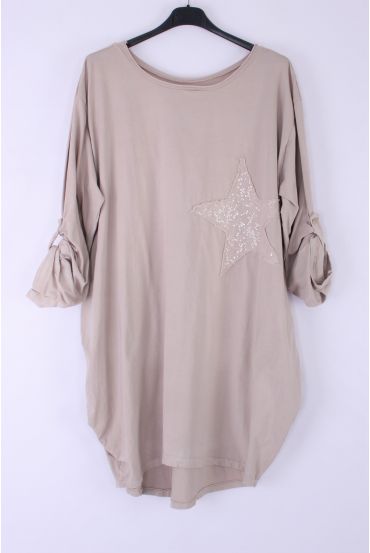 LARGE SIZE TUNIC STAR PAILLETEE 0543 BEIGE