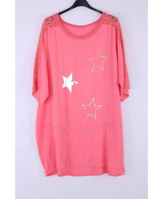 LARGE SIZE TUNIC TOP LACE STARS 0544 CORAL