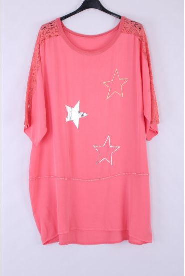 LARGE SIZE TUNIC TOP LACE STARS 0544 CORAL