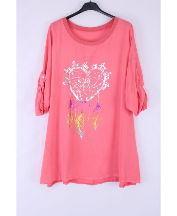 LARGE SIZE TUNIC HEART FEATHERS 0547 CORAL