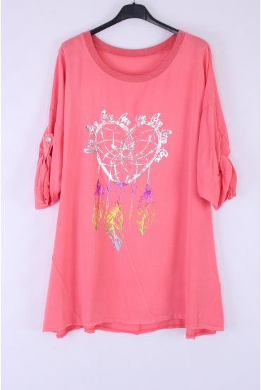 LARGE SIZE TUNIC HEART FEATHERS 0547 CORAL