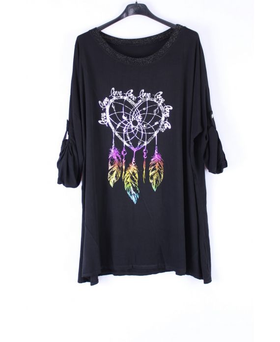 LARGE SIZE TUNIC HEART FEATHERS 0547 BLACK