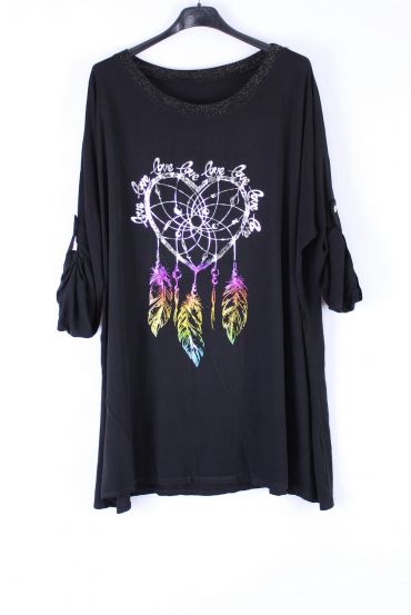 LARGE SIZE TUNIC HEART FEATHERS 0547 BLACK