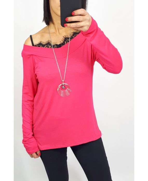 LACE TOP 2 IN 1 + KETTING 0537 FUSHIA