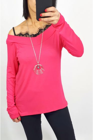 LACE TOP 2 IN 1 + KETTING 0537 FUSHIA