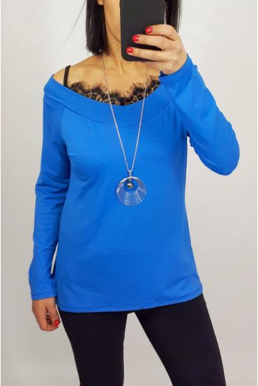 TOP DENTELLE 2 EN 1 + COLLIER 0537 BLEU ROYAL