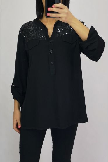 BLOUSE PAILLETE KANT 0554 ZWART