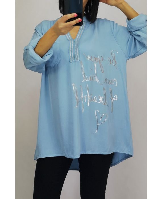 BLUSE SILBER SCHRIFT 0552 BLAUEN HIMMEL