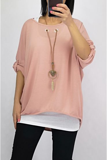 T-SHIRT 2 PIECES BIJOU INTEGRE 0560 ROSE