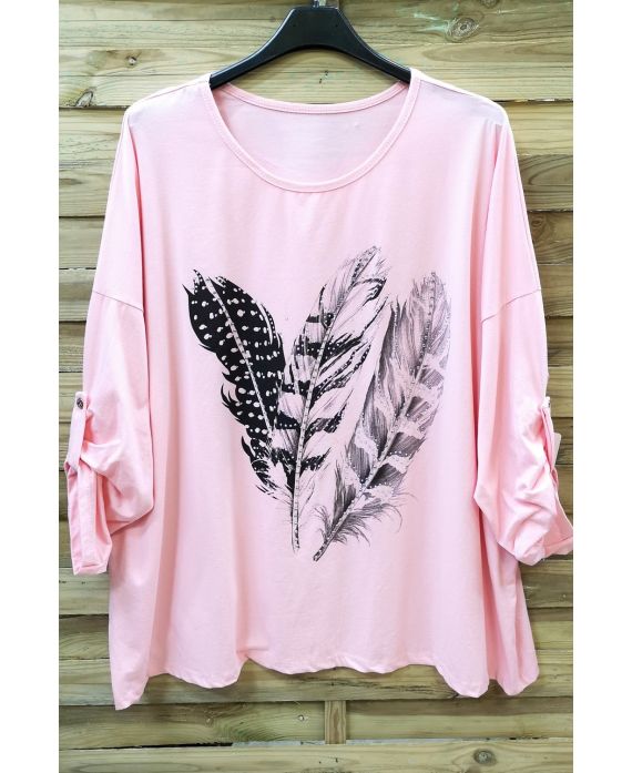 LARGE SIZE TUNIC FEATHER RHINESTONE 0575 PINK