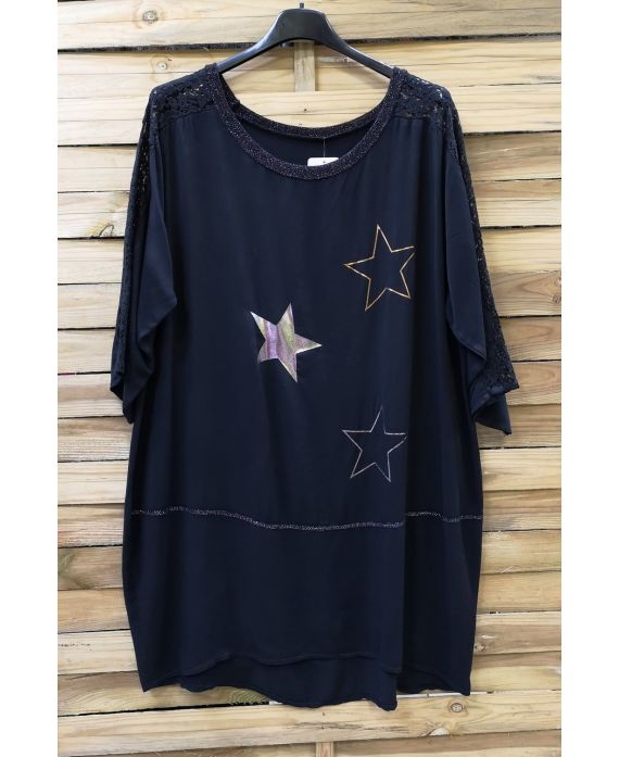 LARGE SIZE TUNIC TOP LACE STARS 0544 BLACK