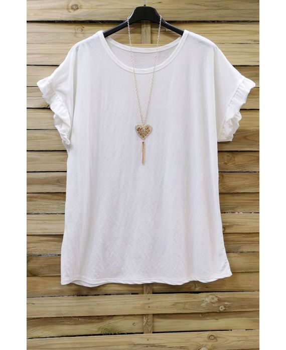 GRANDE TAILLE T-SHIRT MANCHES FROUFROUS + COLLIER 0612 BLANC